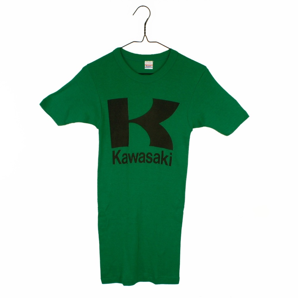 Vintage Late 70s 80s Kawasaki Logo Moto Green Long Short Sleeve Shirt